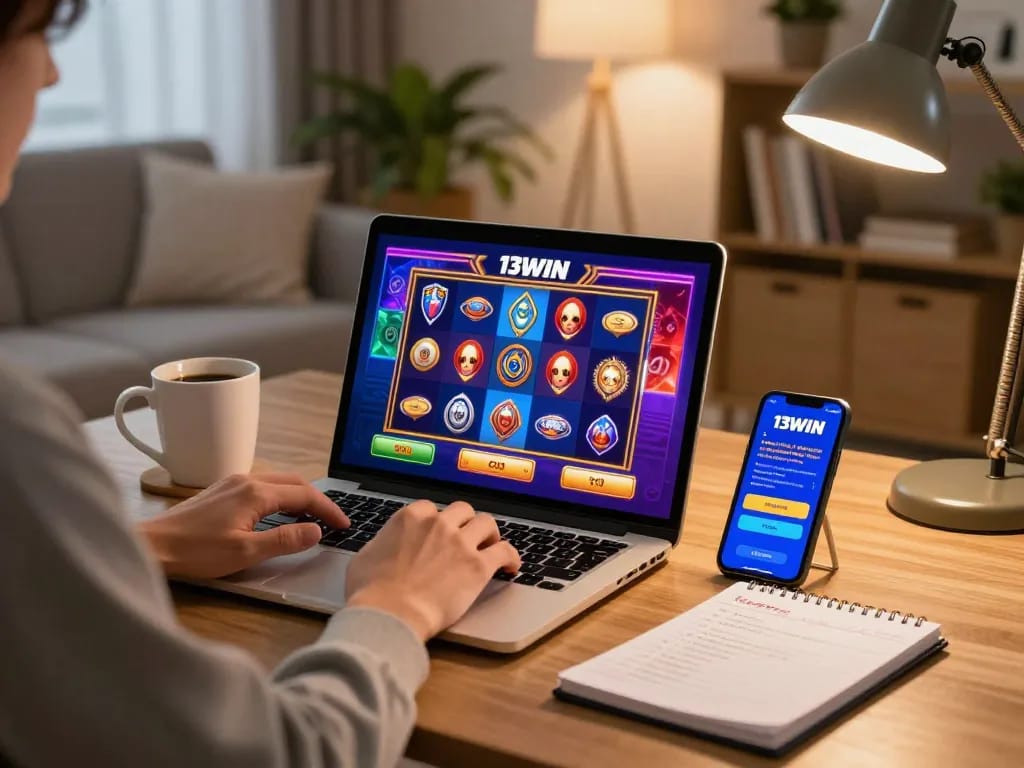 Playing exciting slot games at 13WIN online casino from a cozy home setup, enhancing gaming experience.