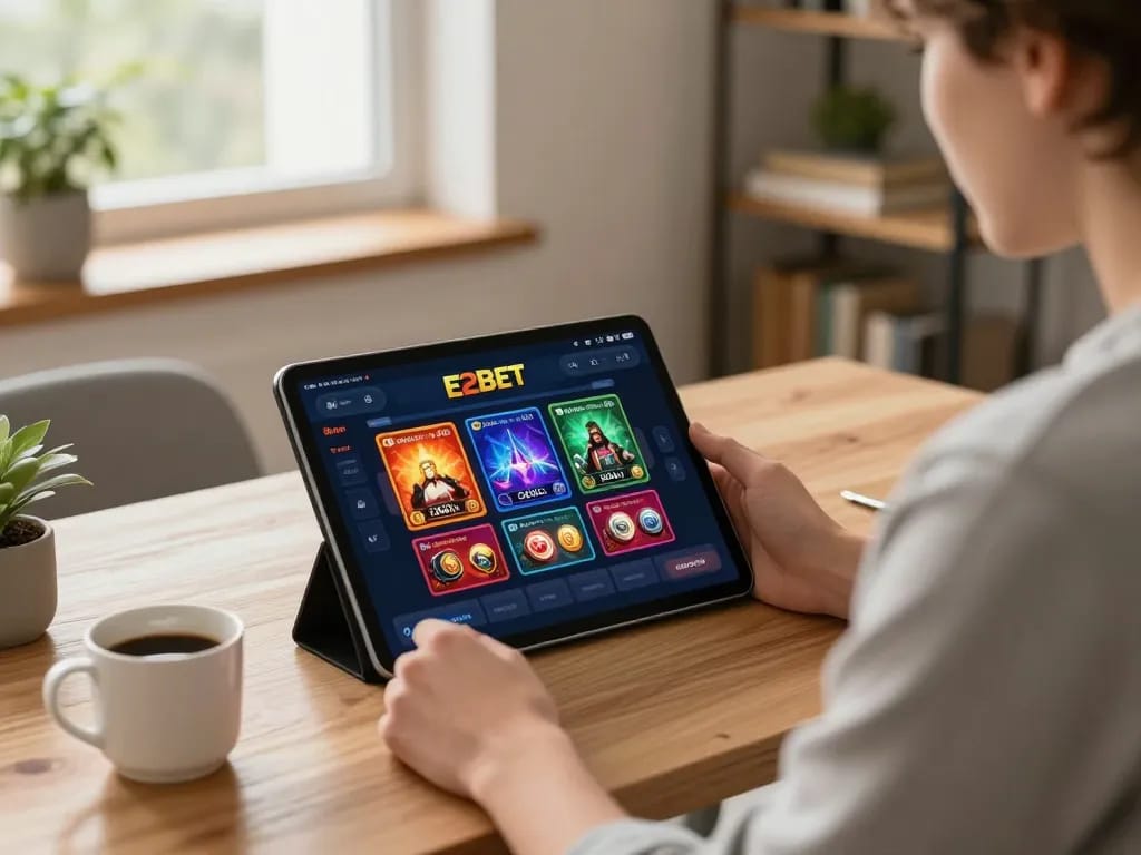 E2BET app interface displayed on tablet in a cozy home gaming setup.