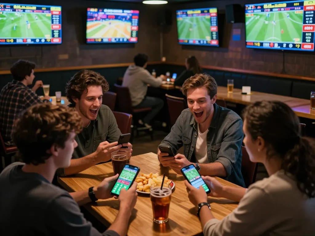 Excited bettors at F168 engaging in sports betting, checking apps while enjoying live matches.