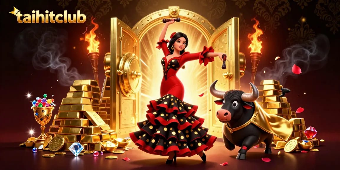 Experience the excitement of taihitclub with an energetic scene featuring a flamenco dancer and a fighting bull.