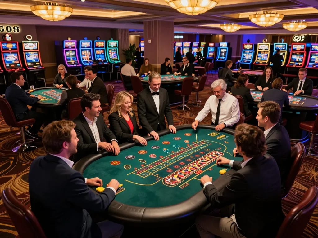 Players strategizing at GO8 casino tables, betting on roulette and blackjack actions amidst vibrant atmosphere.