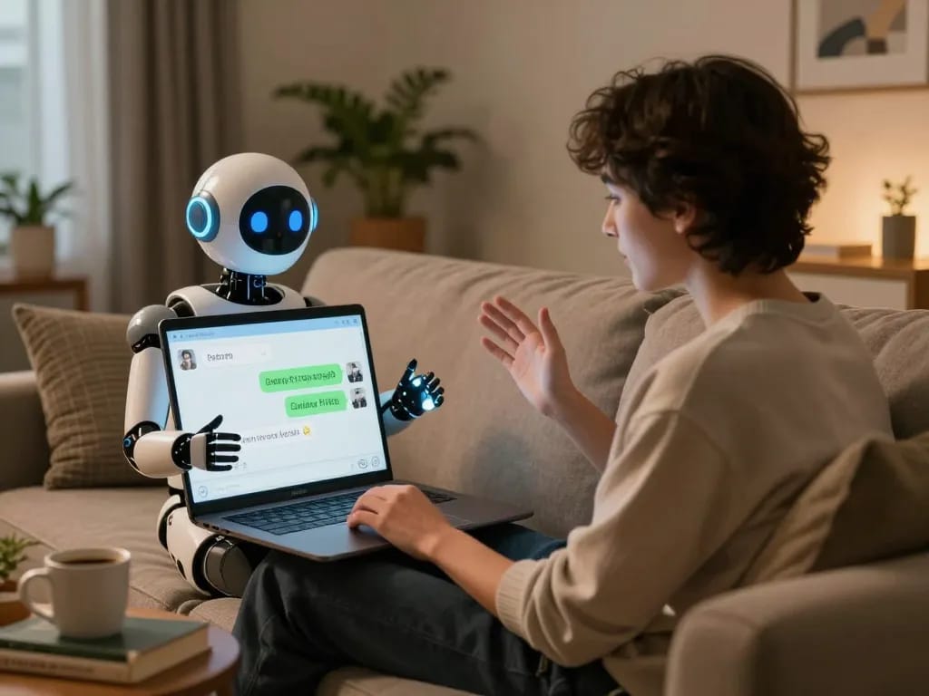 Experience engaging porn chat AI interaction in a cozy living room with a digital avatar and user.