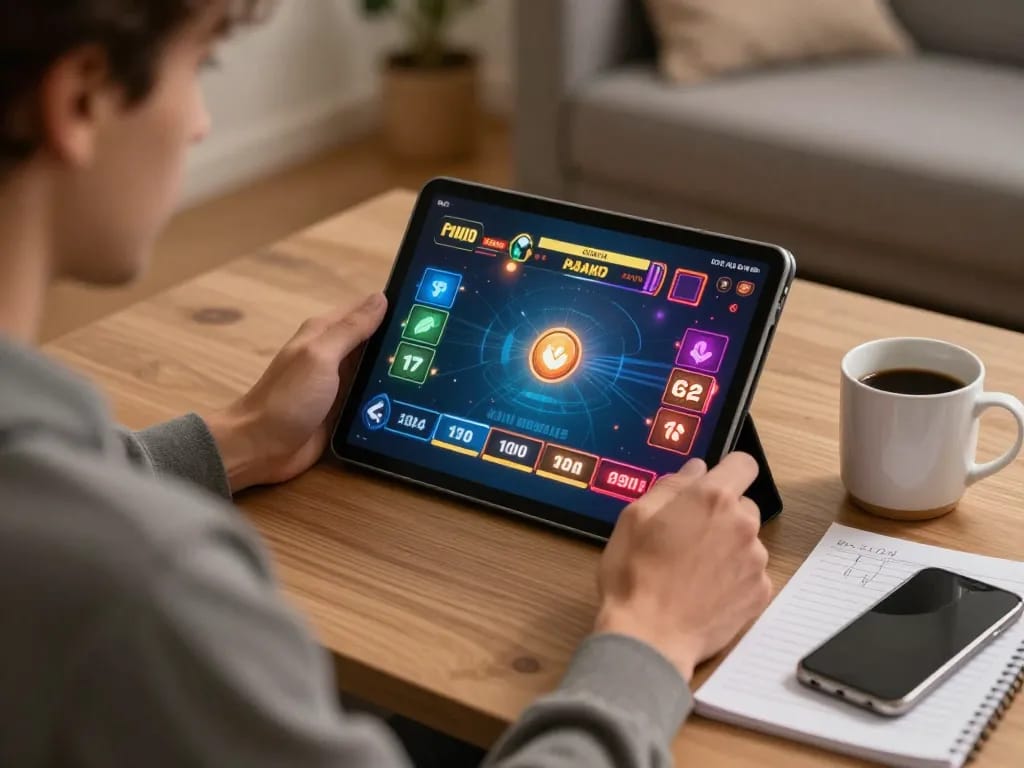 Player enjoying EA77 online gaming app on tablet in a cozy home environment.