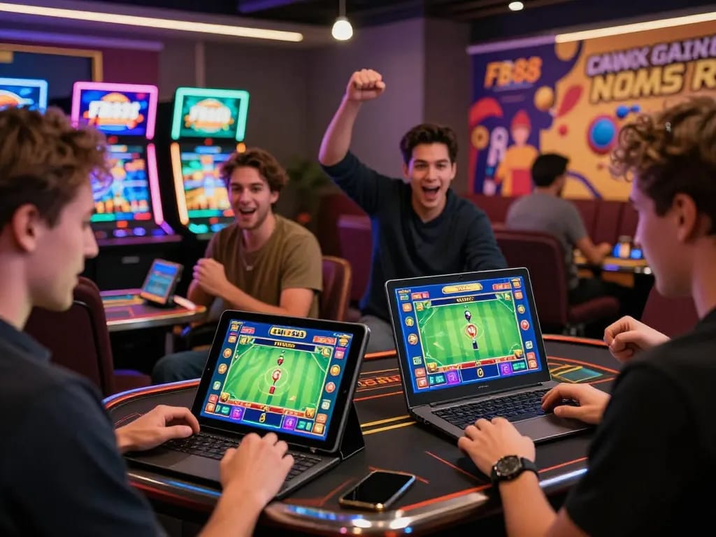 Dynamic scene of players enjoying diverse betting options at fb88 online casino, showcasing excitement and modern gaming.