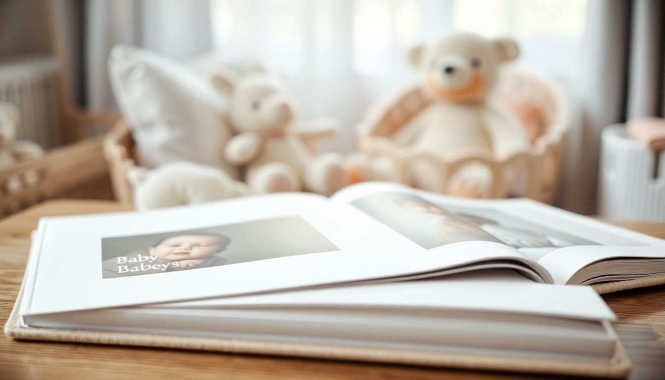 Gestalten Sie ein Babyalbum mit einzigartigen Seiten in einem liebevollen Kinderzimmer.