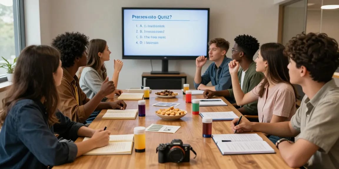 Quiz Allgemeinwissen: Gruppe von Freunden bei spannendem Quizabend am Tisch.