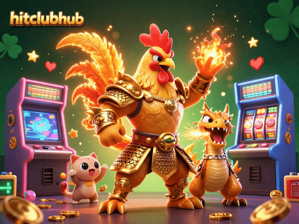 Experience thrilling games at hitclubhub, featuring a powerful rooster warrior alongside a fierce dragon and vibrant arcade elements.