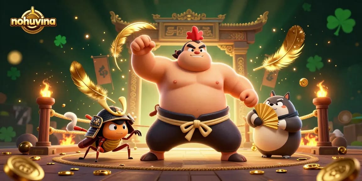 Nohuvina casino scene showcasing a powerful sumo wrestler rooster amidst dynamic gambling action.