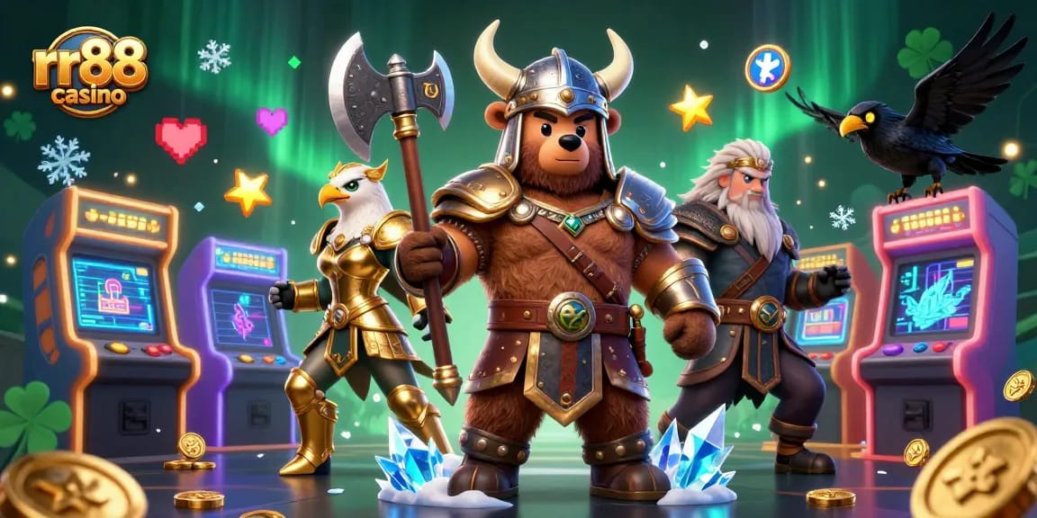 Battle-ready Viking and Valkyrie enhance the rr88 casino experience with vibrant gaming elements.
