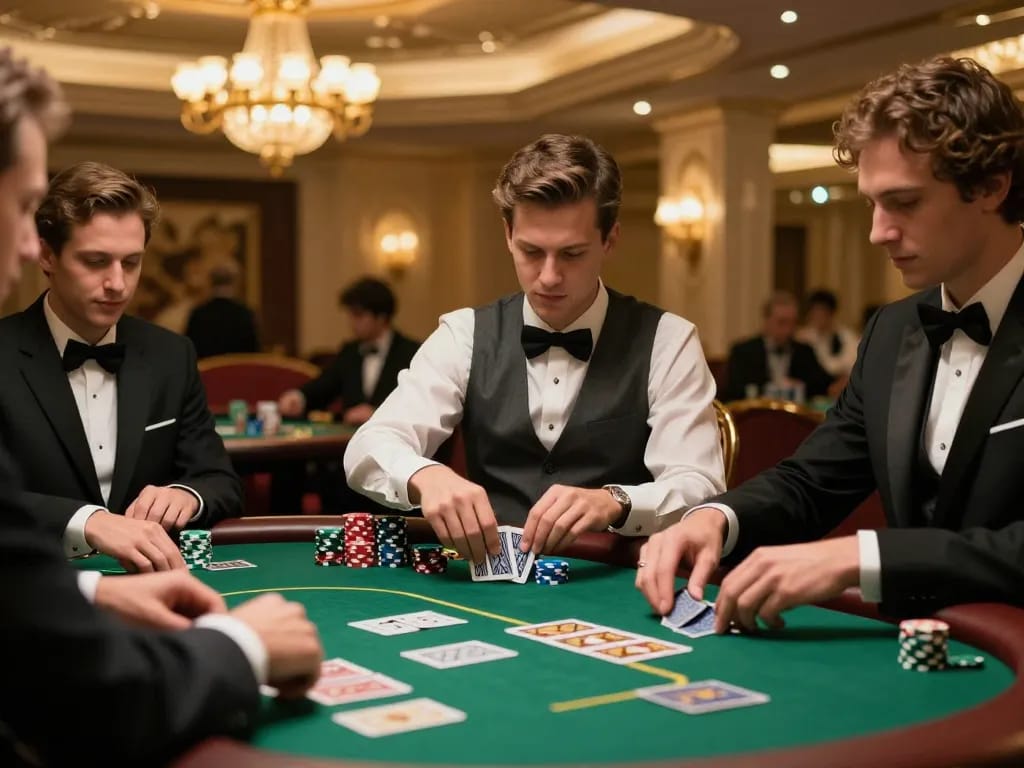 Engaged players strategizing at a high-roller poker table in a luxurious casino with lighting from chandeliers, featuring https://98winn.net/ atmosphere.