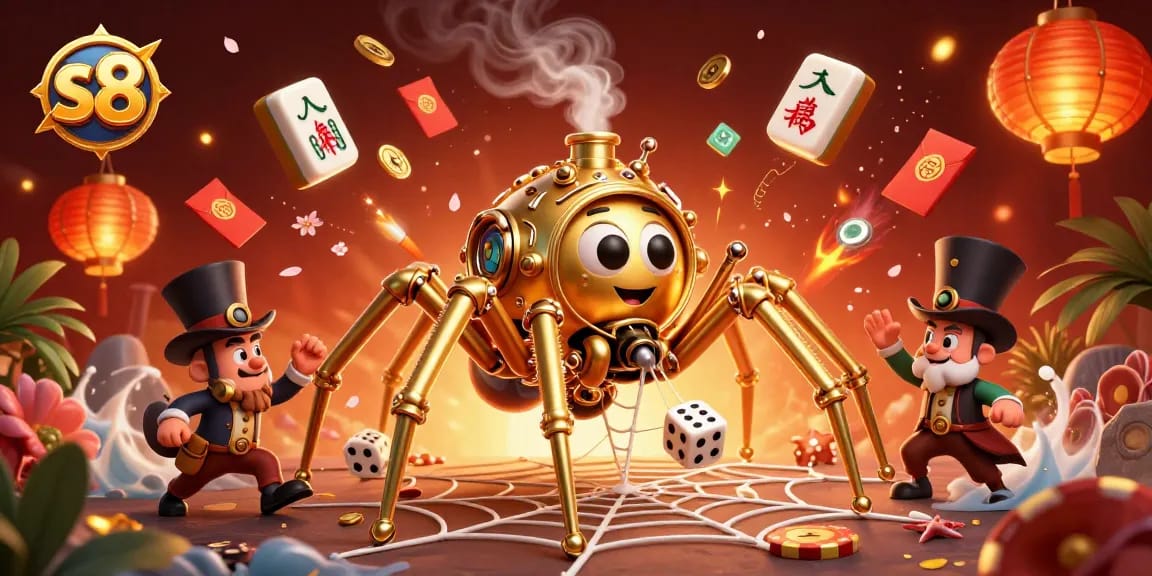Engage with the vibrant s8 casino scene featuring a steampunk spider web capturing dice and adorned with dynamic gaming elements.