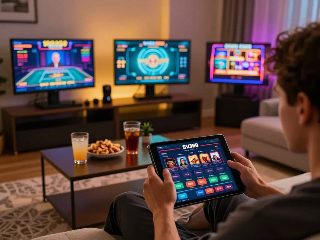 Engaging with the SV368 casino app on a tablet in a cozy living room, experiencing online gaming excitement.