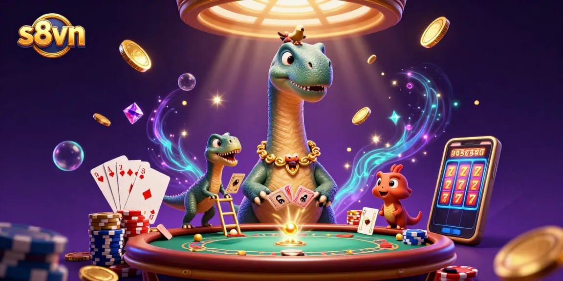 Experience thrills with s8vn's dynamic casino scene featuring a giant brontosaurus and raptor dealer.