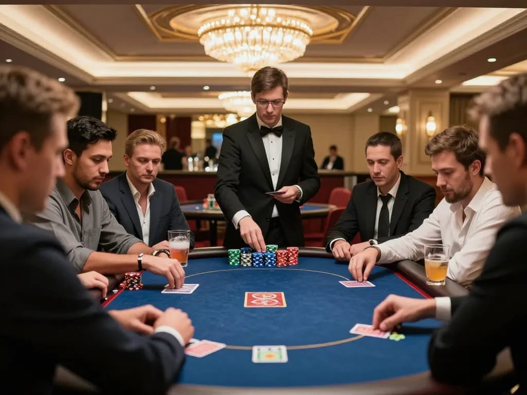 Engaged players at a poker table strategizing with 33win 68, showcasing colorful chips and intense focus