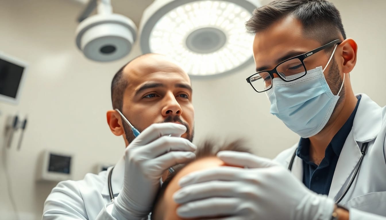 Haartransplantation Türkei in einer modernen Klinik genießen, während der Arzt das Verfahren durchführt.