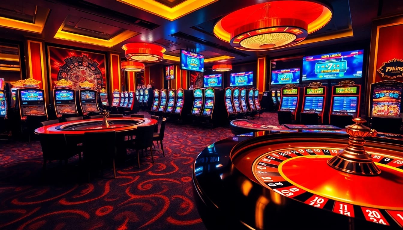 Engage with the thrilling atmosphere of 79king's upscale casino vibe, featuring poker tables and vibrant slot machines.