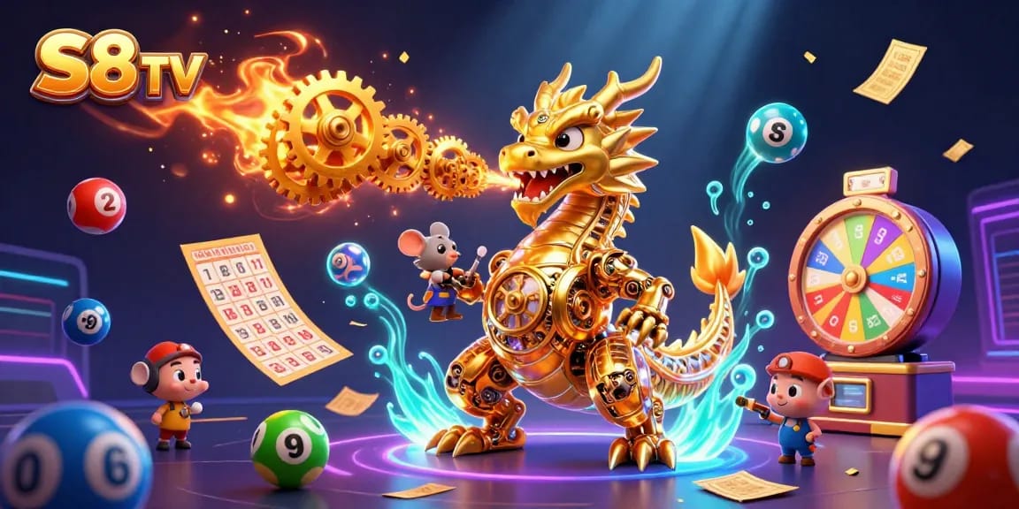 S8 TV offers thrilling online gambling experiences with an action-packed casino scene featuring vibrant lottery activities.