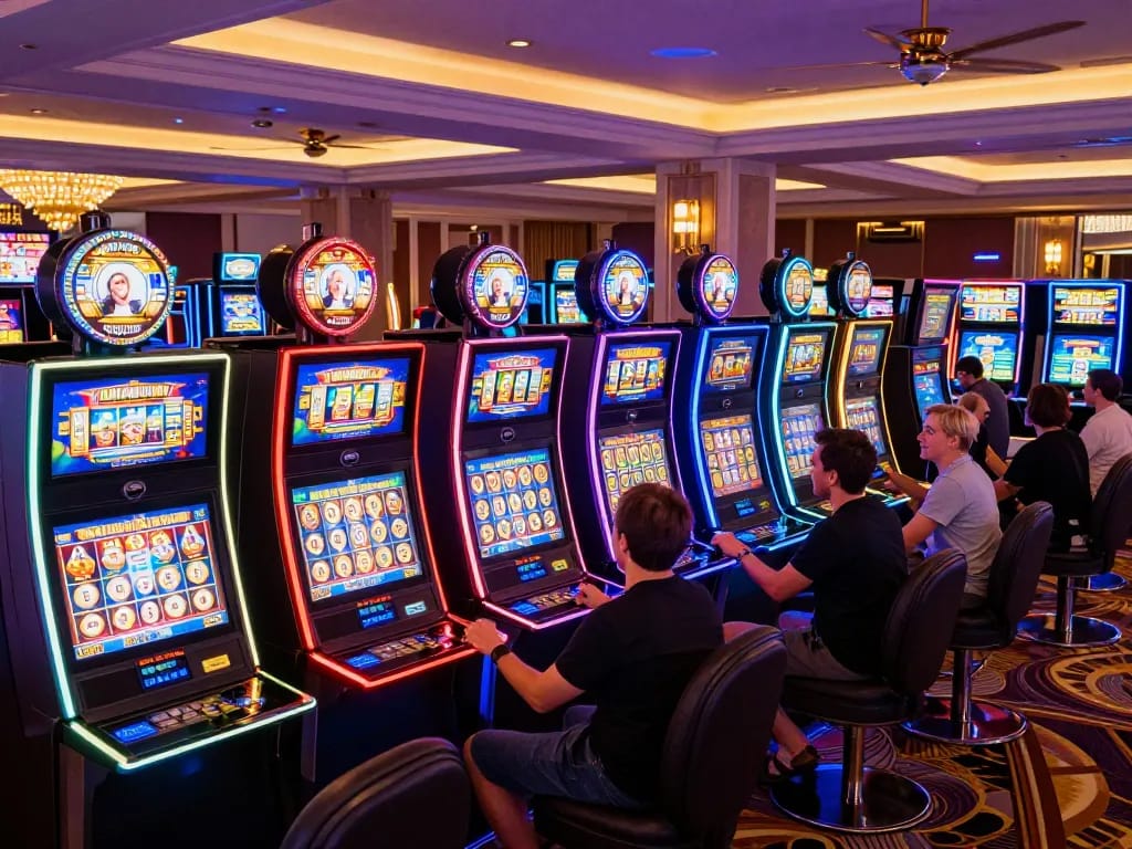 KUBET players celebrating wins at vibrant slot machines in an upscale casino environment