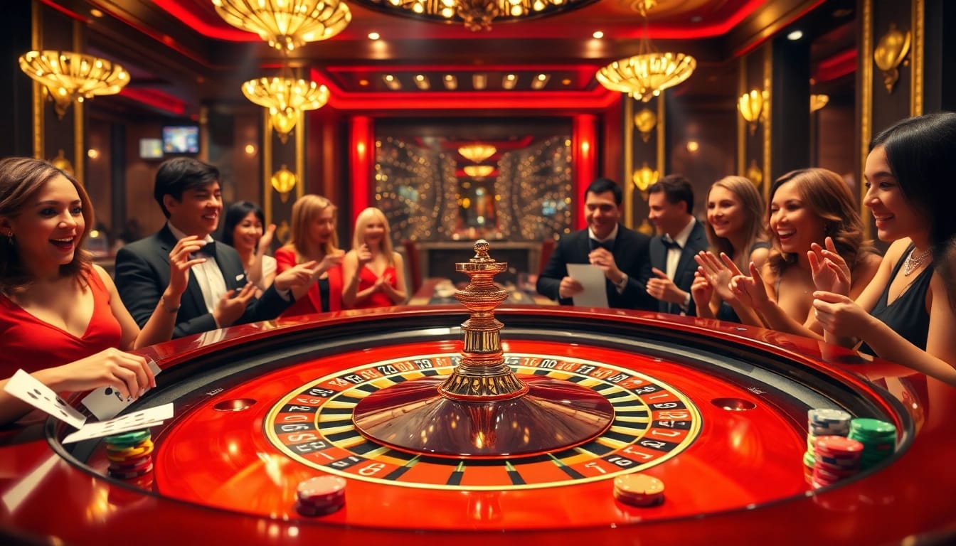 WestAce bietet eine aufregende Atmosphere am Roulette-Tisch mit jubelnden Spielern.