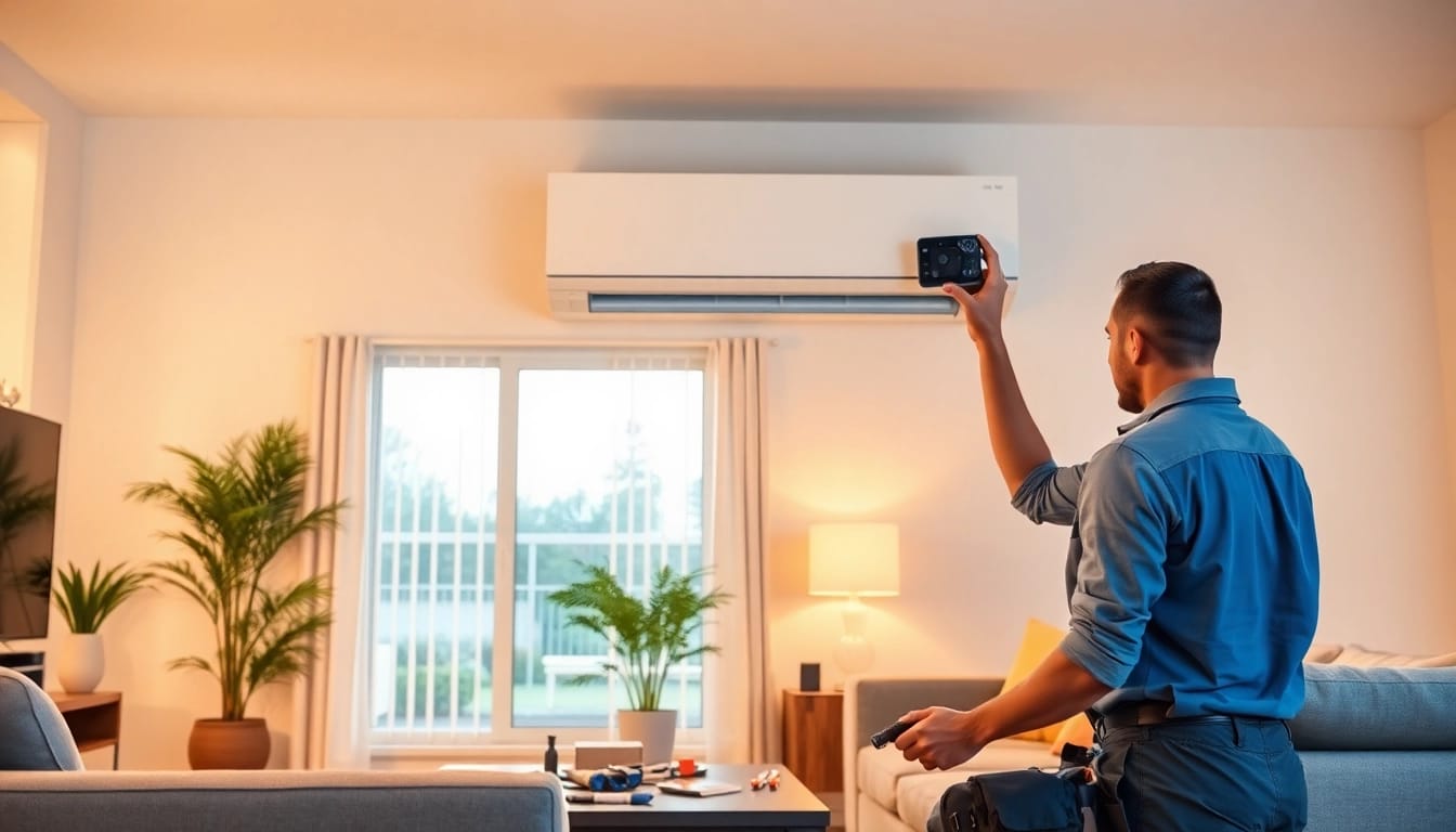Technician klimaanlagen installieren lassen in a stylish living room with modern air conditioning units.