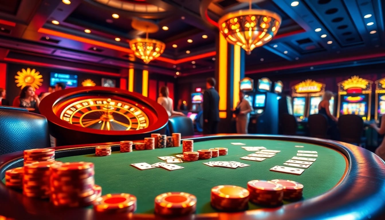 High-stakes poker night at KM88 casino, showcasing vibrant chips, cards, and roulette excitement.