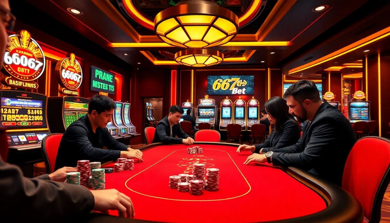 Experience thrilling gameplay at 667bet with vibrant casino tables, colorful chips, and exciting players.