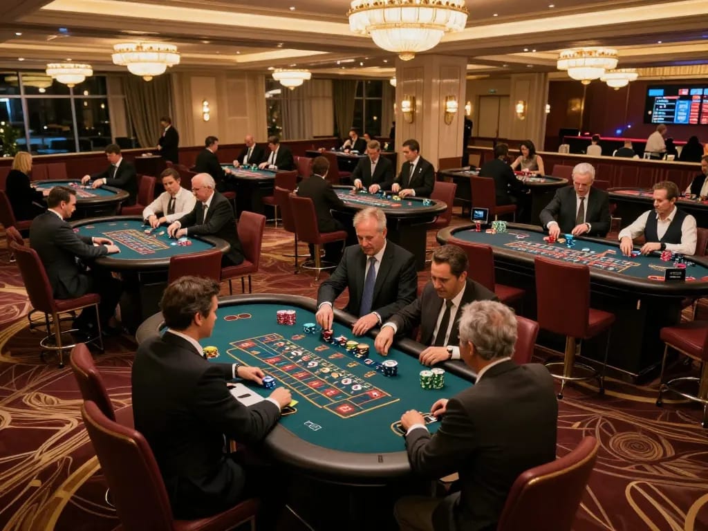 Players enjoying strategic games like fun 88 blackjack and poker at an elegant casino.