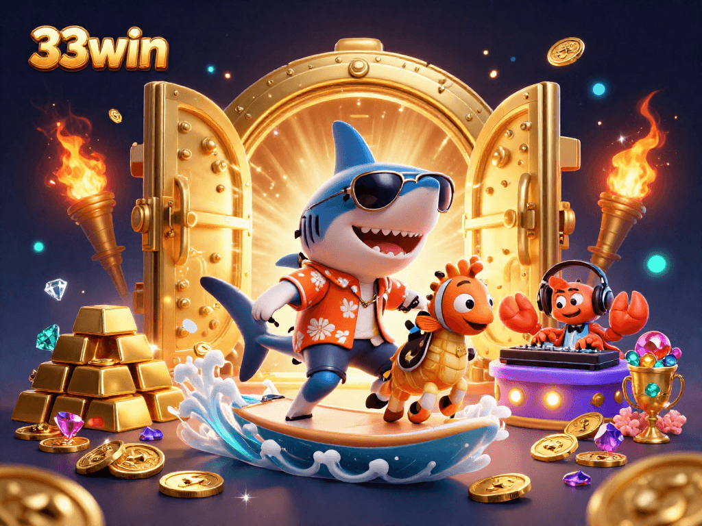 Engage with thrilling fun at 33win's vibrant 3D casino illustration of gaming characters.
