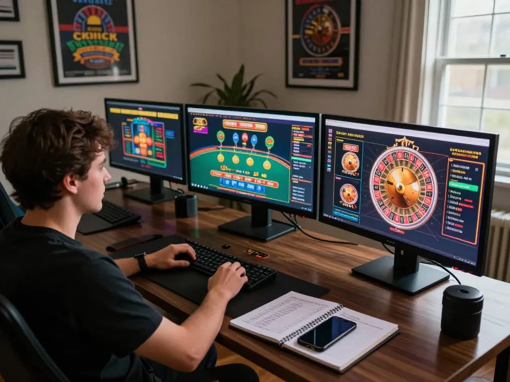 Experience dynamic online gaming at S8, with a player managing multiple casino games on their monitors, conveying strategic excitement.