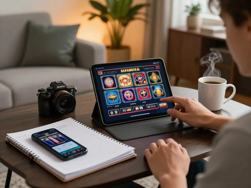 Engaging online gaming at https://vmax88vip.com/, featuring a person exploring slot options on a tablet, with winning strategy notes visible.