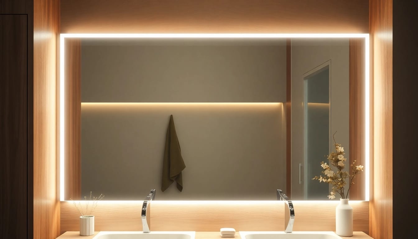 Modernes Badezimmer mit spiegelschrank led, der warmes Licht ausstrahlt und elegantes Design zeigt.