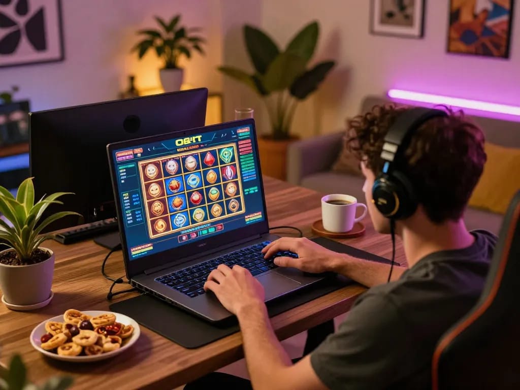 Gamer enjoying O8 net3 online slots on a vibrant home setup, showcasing a strategic gaming atmosphere.