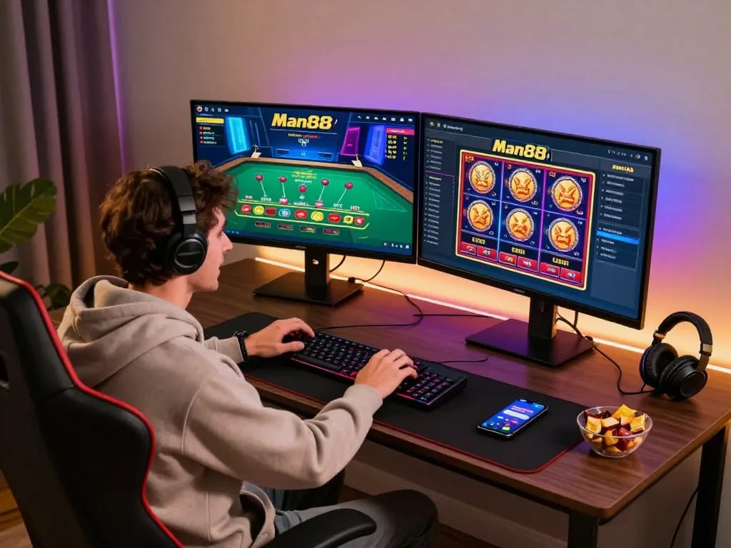 Man88 online gaming scene with player engaging in live blackjack and vibrant slot games.