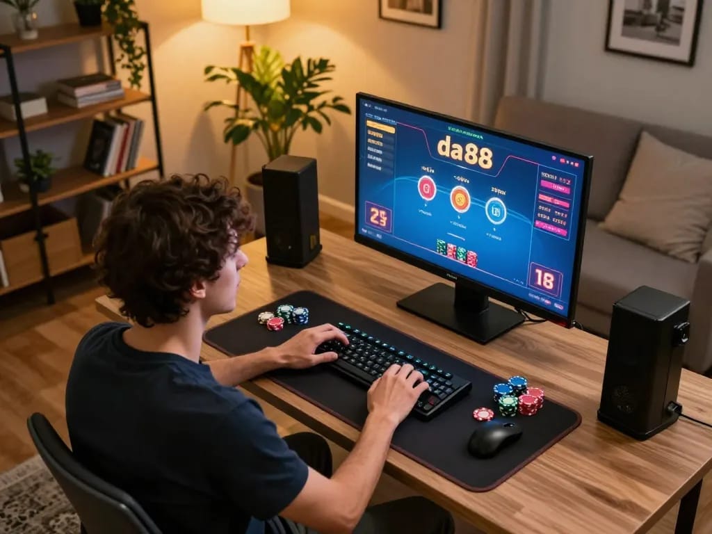 Player engaging with da88 poker game on a stylish home desk, highlighting online gambling excitement