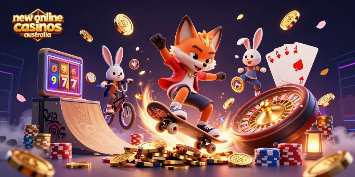 Experience excitement at new online casinos Australia featuring cartoon characters in a dynamic casino scene.