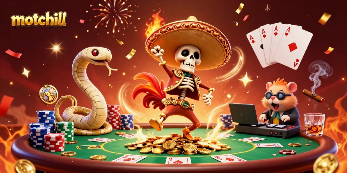 Watch motchill's thrilling gaming scene featuring a festive rooster and gold coins!