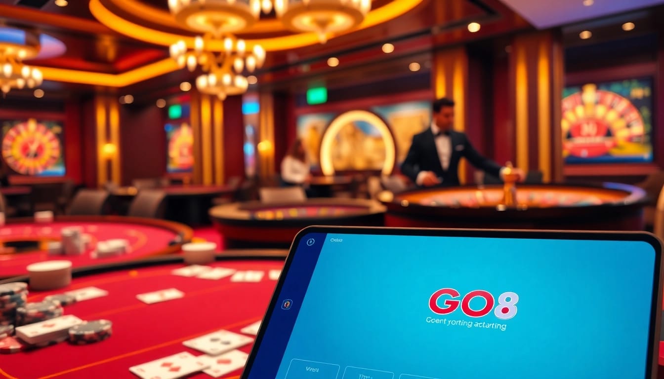 Experience excitement at GO8's gambling tables filled with cards and poker chips.