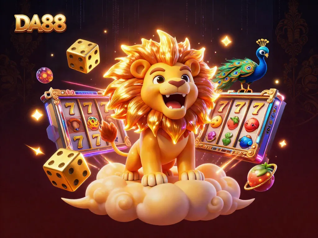 Experience DA88 with a roaring sun lion and dynamic slot elements in a vibrant casino scene.
