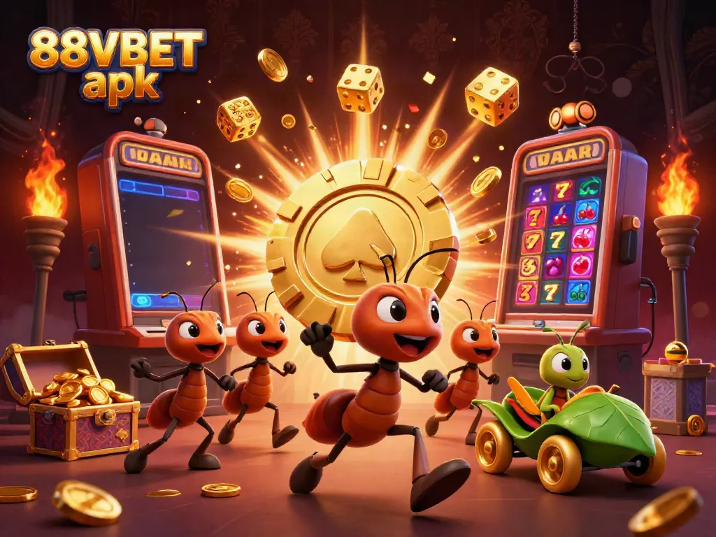 Engage with the vibrant 88VBET apk scene featuring animated ants and a golden poker chip.