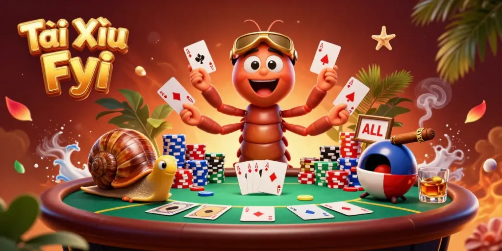 Tài Xỉu Fyi card dealer scene with a cartoon millipede, snail high-roller, and vibrant poker elements.