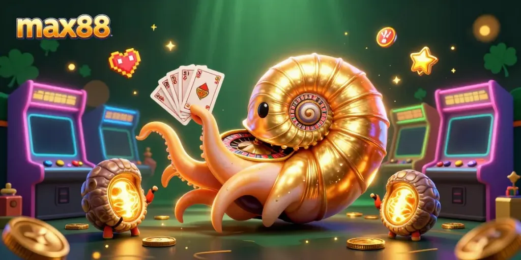 Experience thrilling max88 casino action with an ancient nautilus and glowing ammonite characters.