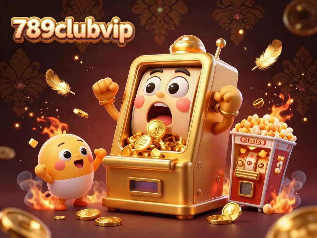 Celebrate wins with 789clubvip's golden slot machine jackpot scene overflowing with coins.