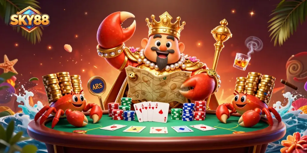 Experience thrilling gameplay at SKY88 with a majestic golden crab emperor and poker elements.