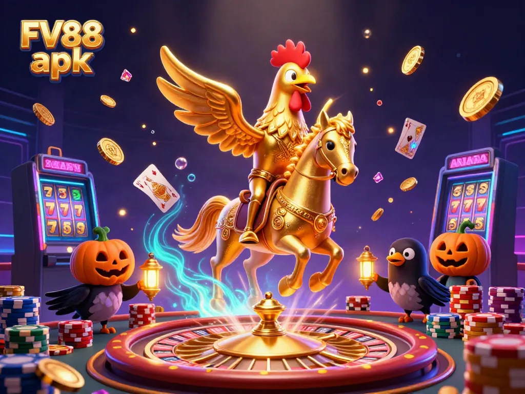 Engage with the FV88 apk experience through this vibrant casino scene featuring an animated golden rooster.