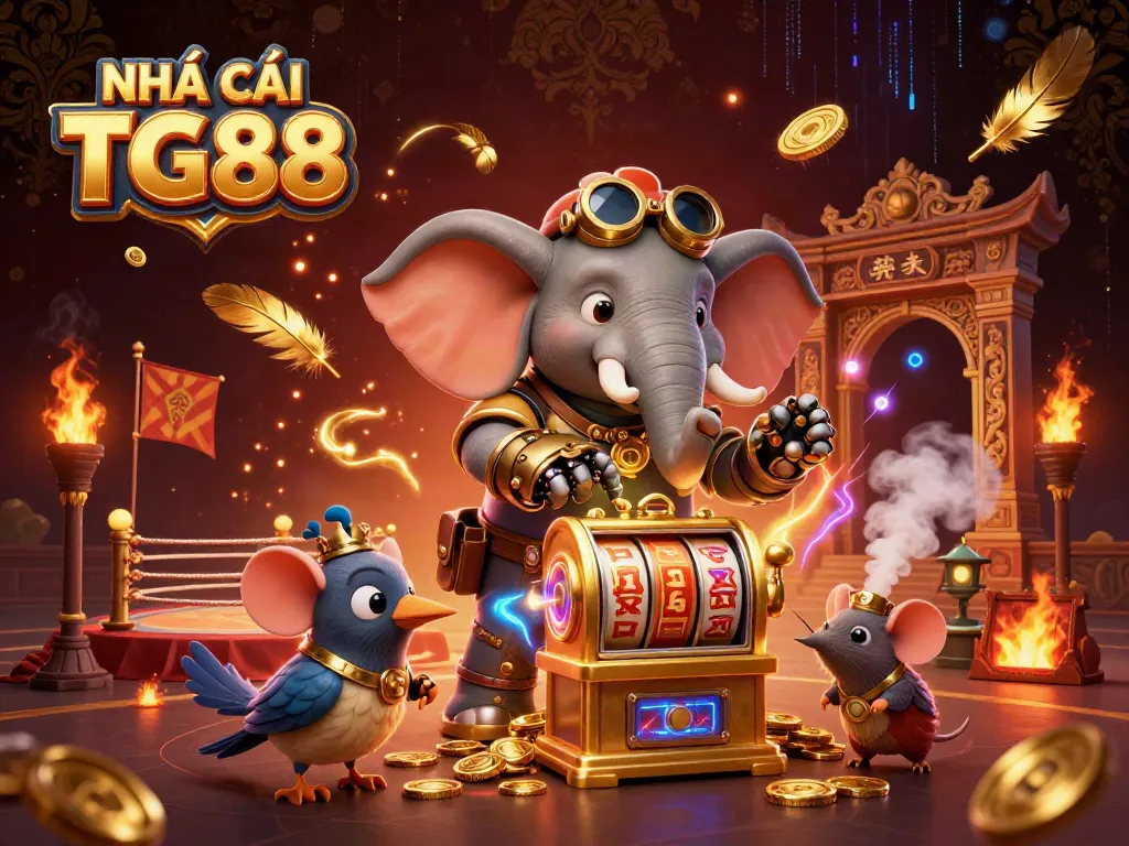 The 3D illustration depicts NHÀ CÁI TG88 with a steampunk elephant engineer at a golden slot machine amidst dynamic casino elements.