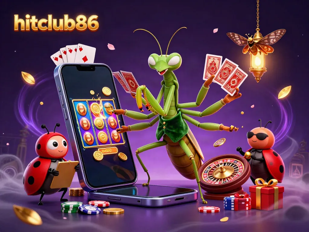 Experience excitement with hitclub86 as a cartoon mantis deals cards in a vibrant casino scene.