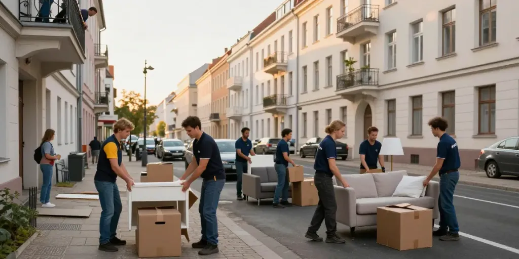 Professionelles Team bei einer Wohnungsauflösung Berlin, Möbel und Kartons werden sorgfältig transportiert.