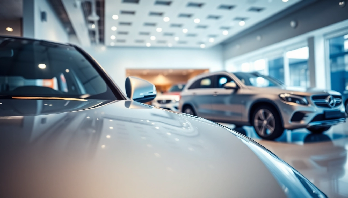 Auto kaufen in modernem Autohaus mit stilvollem Fahrzeug im Vordergrund.