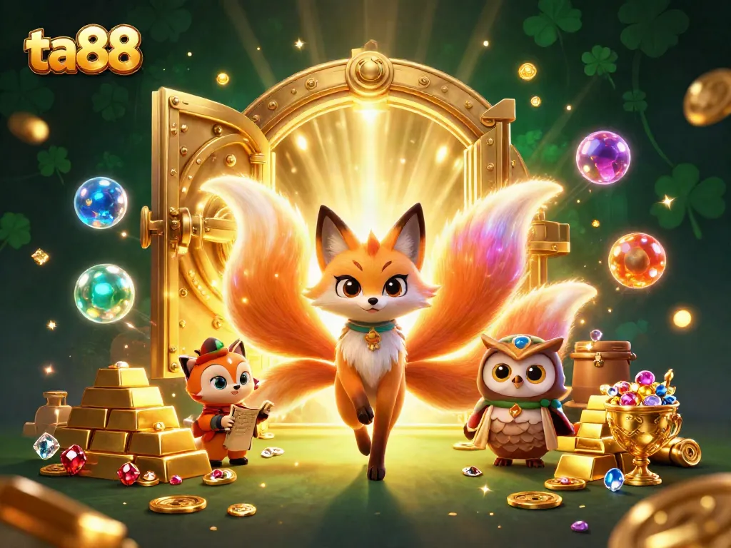 Engaging ta88 casino scene featuring a colorful nine-tailed fox with golden treasures and vibrant orbs.