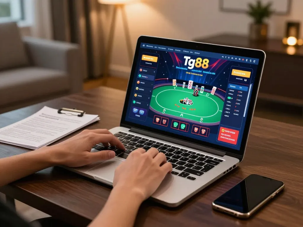 Engaged player navigating the tg88 online poker interface from a stylish home setup.